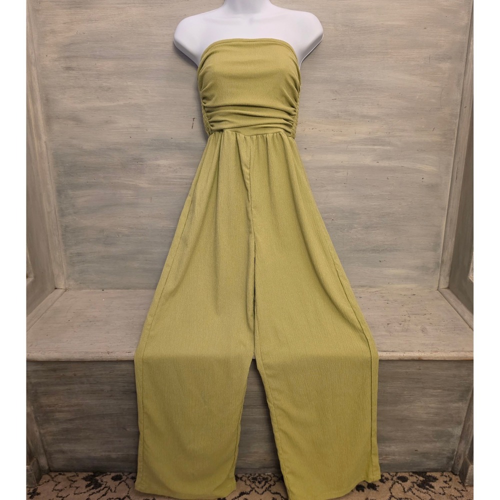 Shein Chartreuse Green Crepe Ruched Strapless Wide Leg Jumpsuit Size Small GC